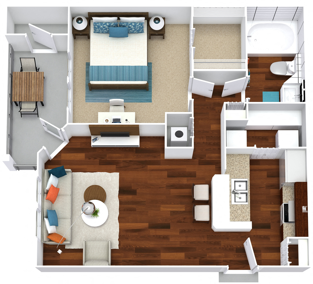 Floor plan for 1 bed, 1 bath, 742 sqft
